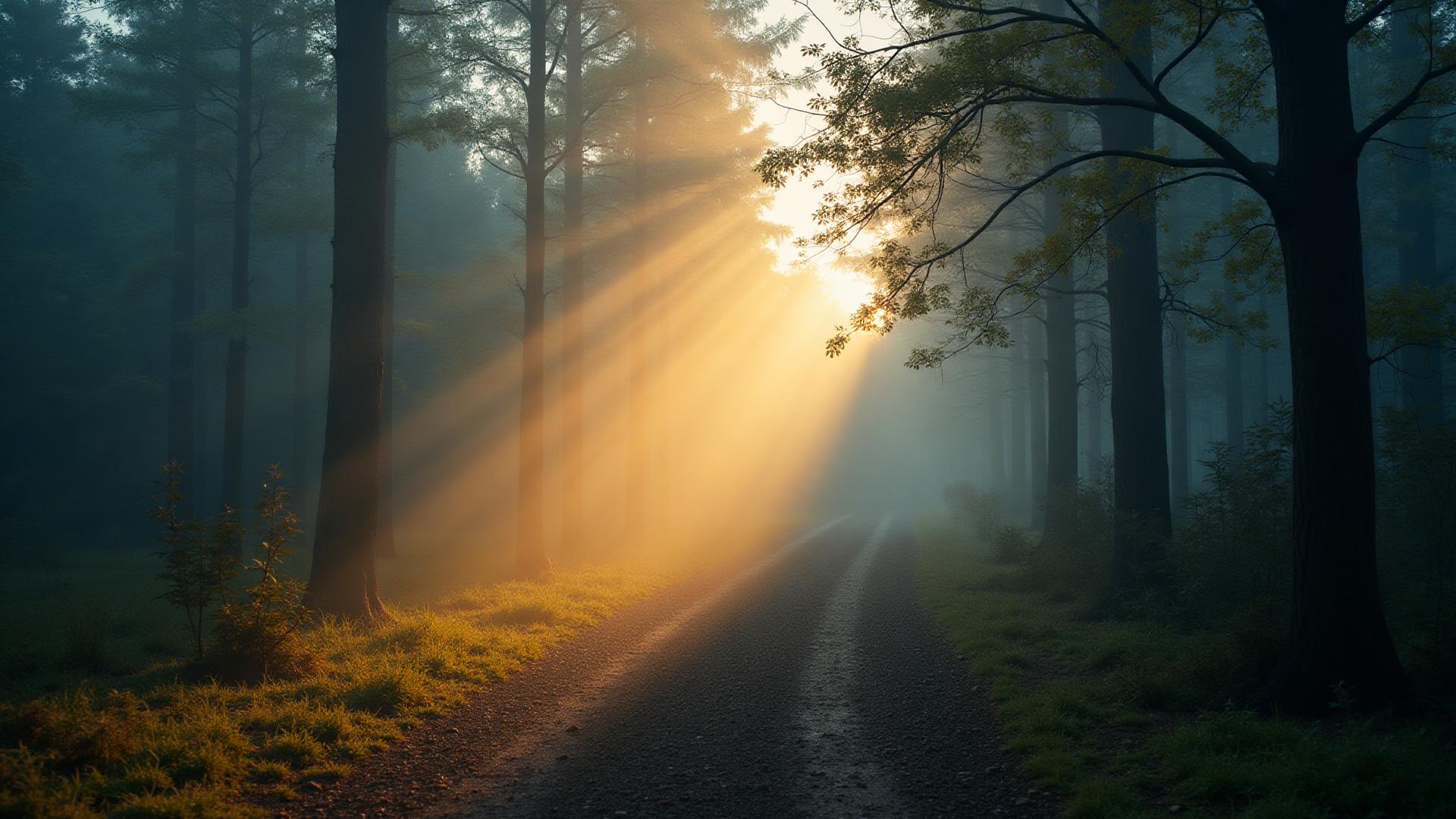 Lichtschacht durch herbstlichen Wald, Pfad im Vordergrund
